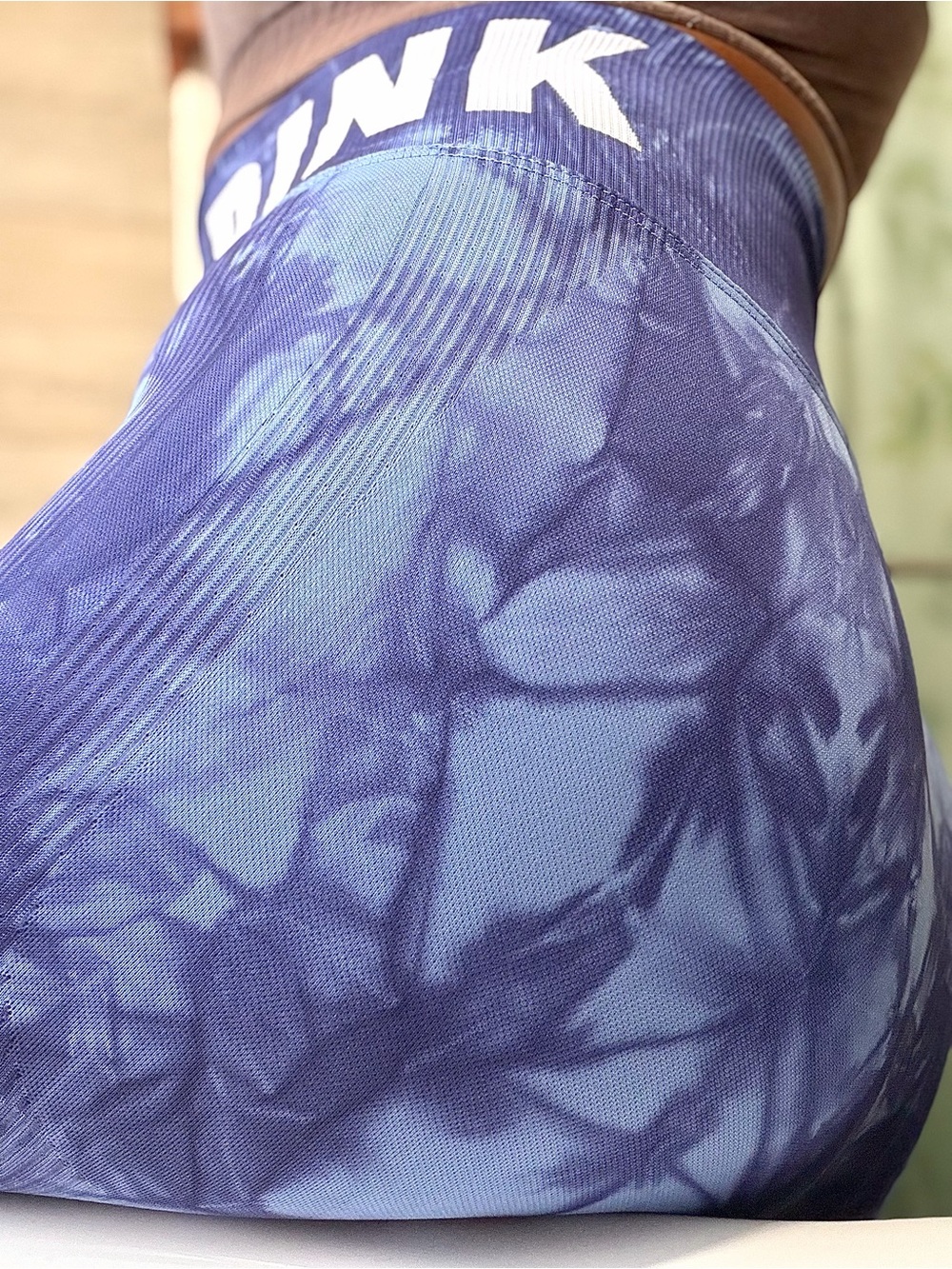 PINK Victoria's Secret Active Seamless Tights w/ a vibrant blue tie-dye pattern